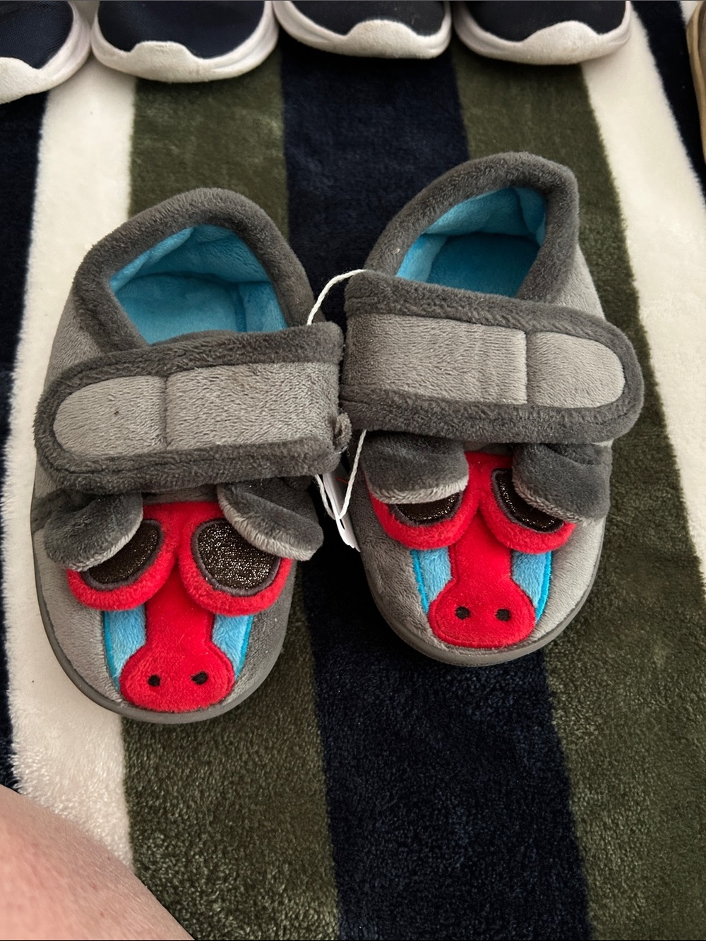Gray Plush Kids Slippers with Red & Blue Animal Face